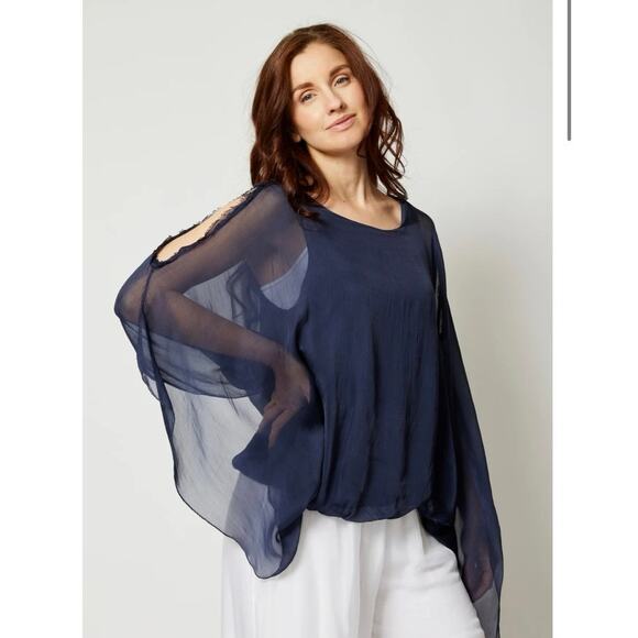Gigi Moda Made In Italy Italian Silk Cold Shoulder Top Blouse Blue One Size - Picture 1 of 9